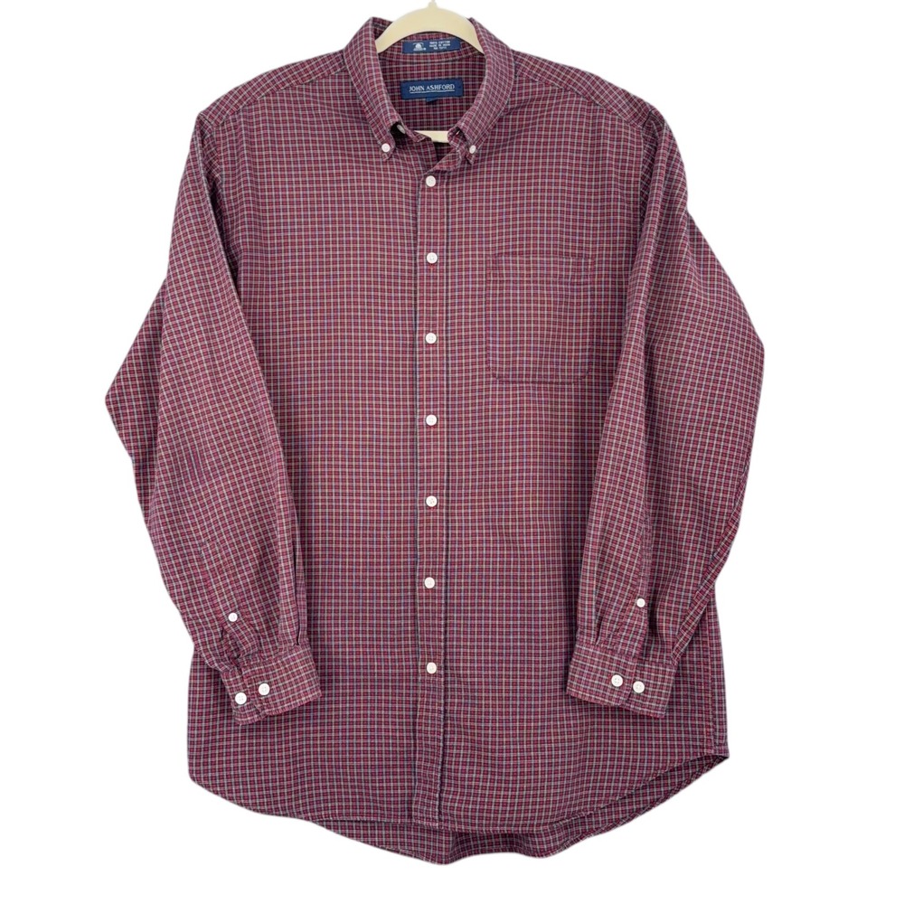 John Ashford Men's Red Plaid Button Down‎ Shirt Tall Size 100 Cotton Casual